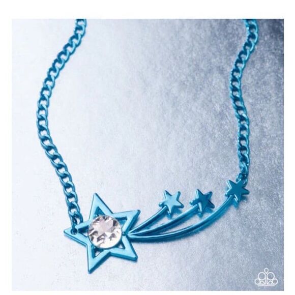Paparazzi Meteor Moment Metallic Shooting Stars Necklace Gemstone Blue New - Picture 3 of 4